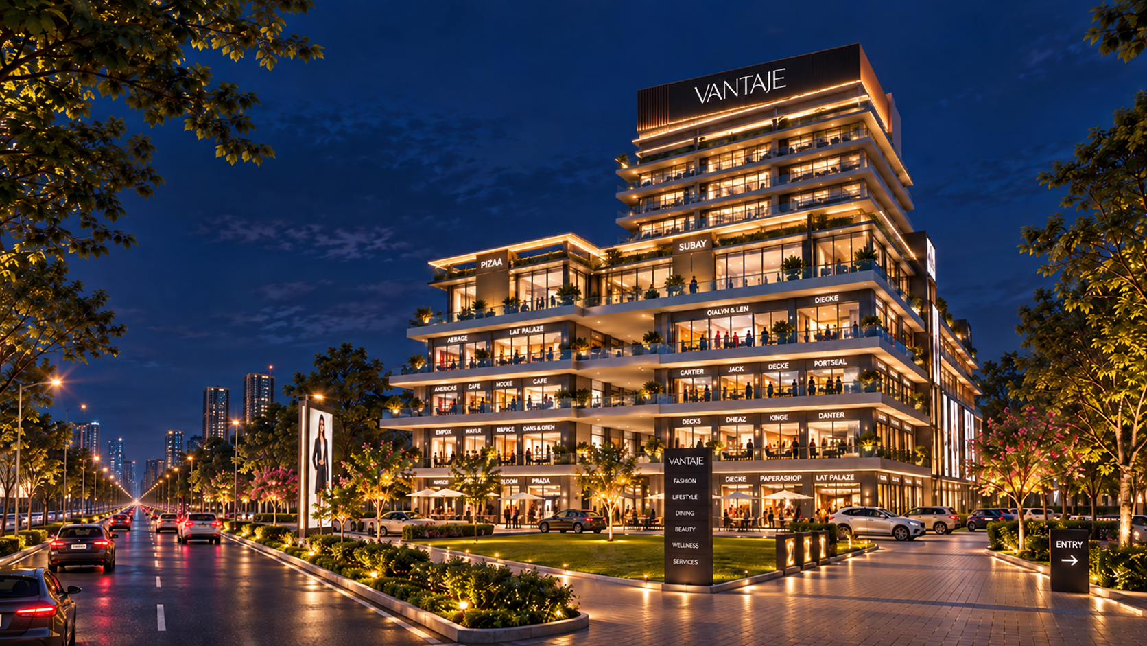Vantaje — façade after dark