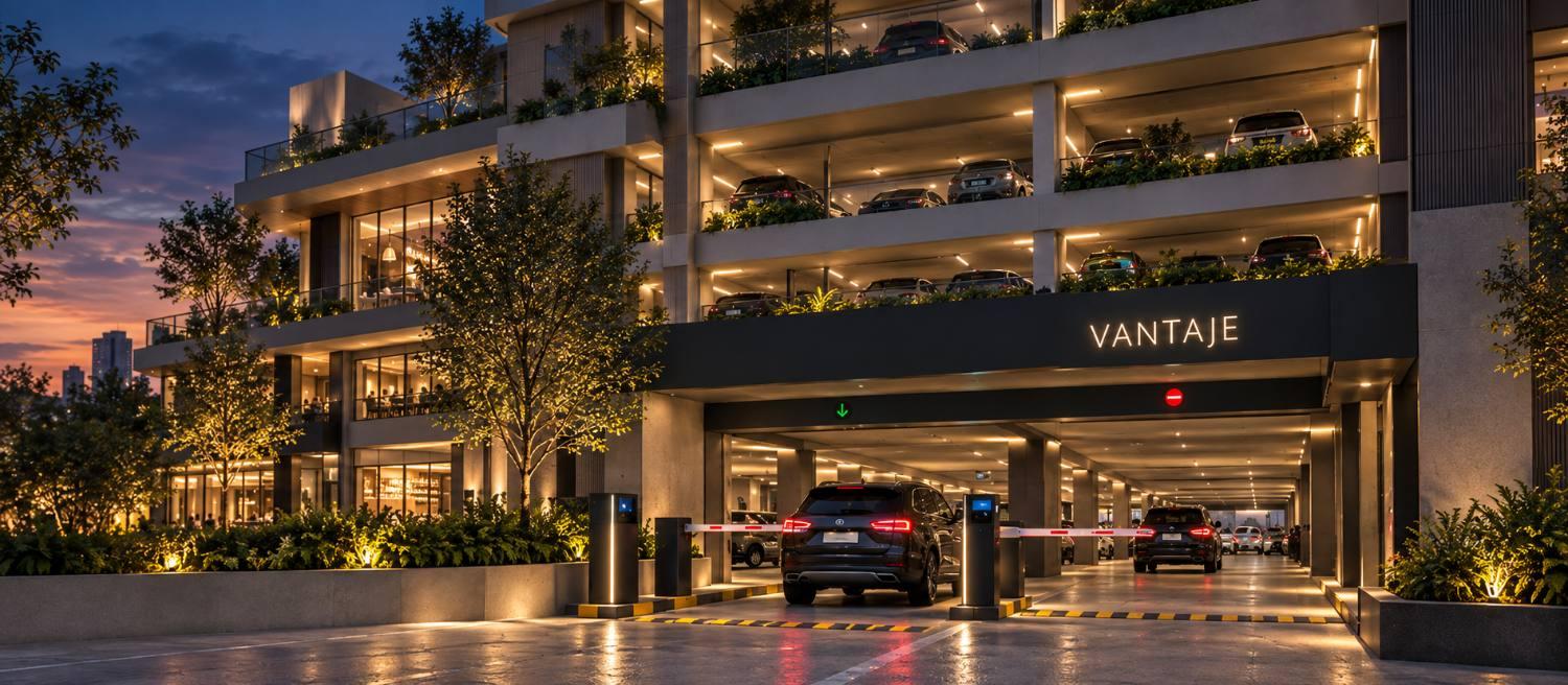 Multi-level parking deck at dusk